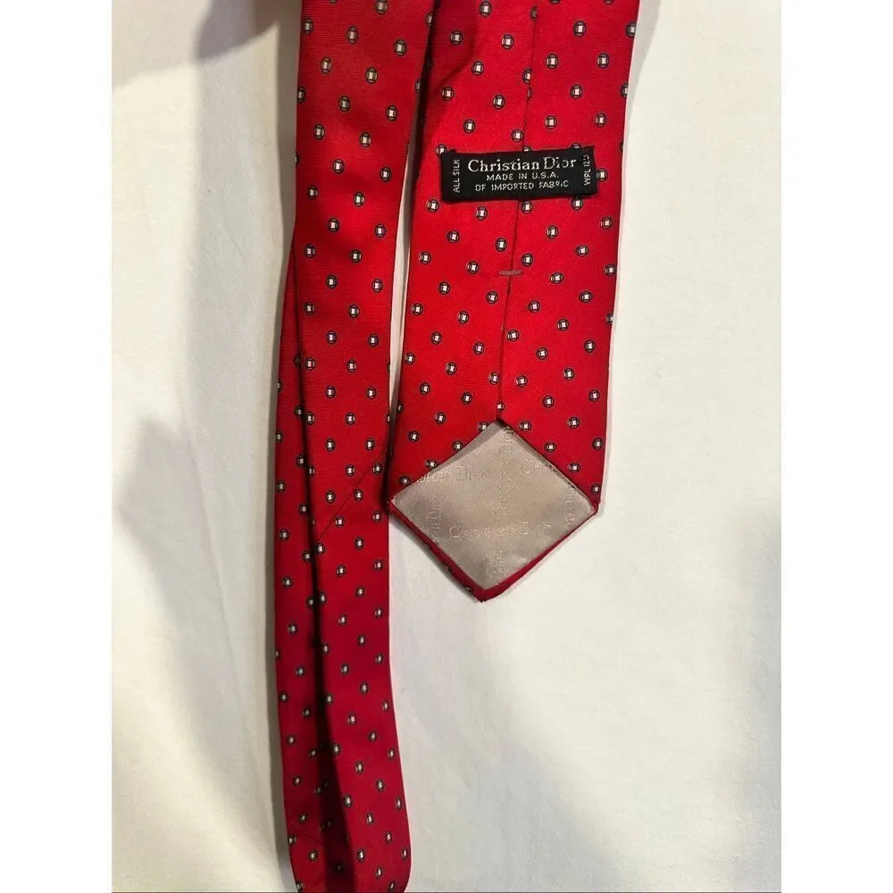 Christian Dior Vintage Red with black/white dots 100% Silk tie